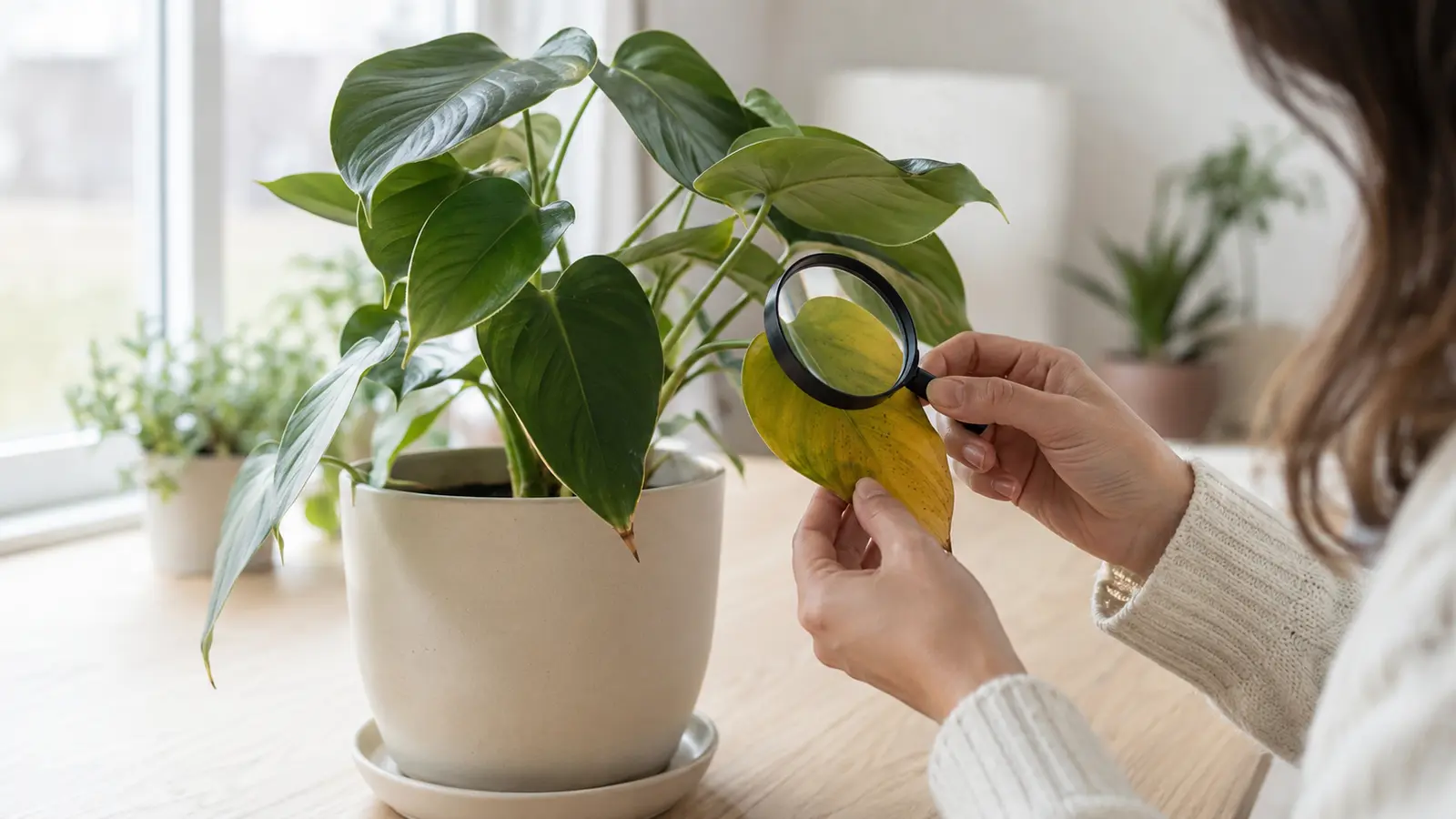 En person granskar ett gult blad på en krukväxt med förstoringsglas